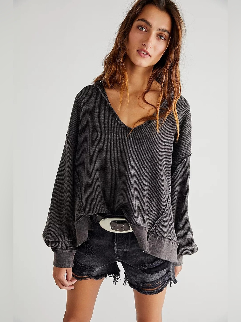 We The Free Free People Buttercup Waffle Thermal Top in Black/Grey Size XS
